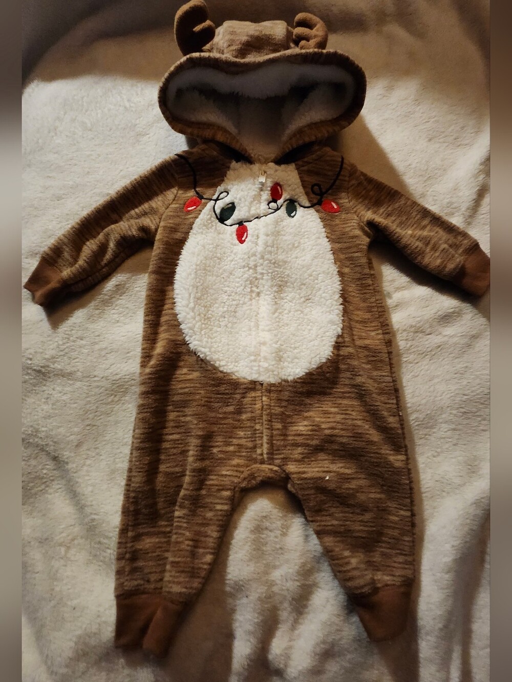 Carter's Brown Reindeer Hooded One-Piece with White Sherpa Belly